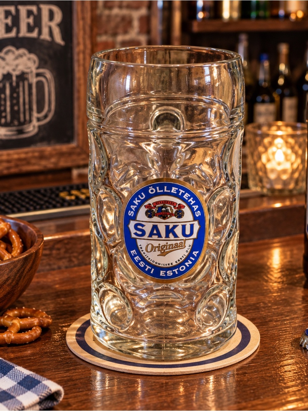 Saku Beer Mug 1L Glass Stein Estonia Breweriana Bar Mug Large Tankard Austria